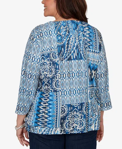 Alfred Dunner Plus Size Medallion Navy Patchwork Knit Top In Blue