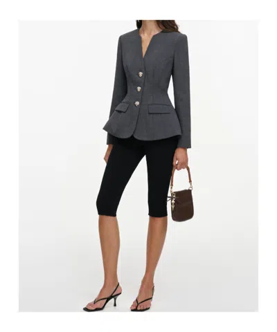 Self-portrait Grey Wool Collarless Jacket In Blue