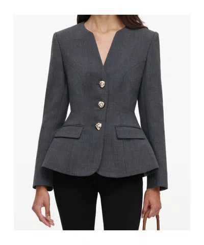 Self-portrait Grey Wool Collarless Jacket In Blue