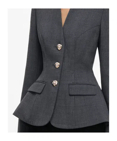 Self-portrait Grey Wool Collarless Jacket In Blue
