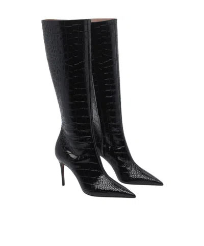 Paris Texas Vera 85 Charcoal Crocodile-effect Leather Boots In Black
