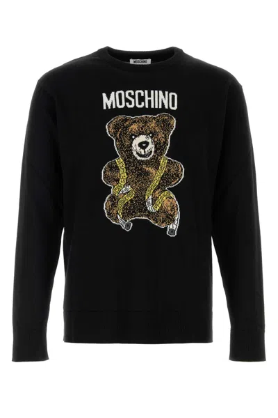 Moschino Virgin Wool Ribbed Crewneck Long-sleeve T-shirt In Black