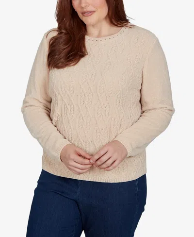 Alfred Dunner Plus Size Classic Cable Pullover Chenille Sweater In Neutral
