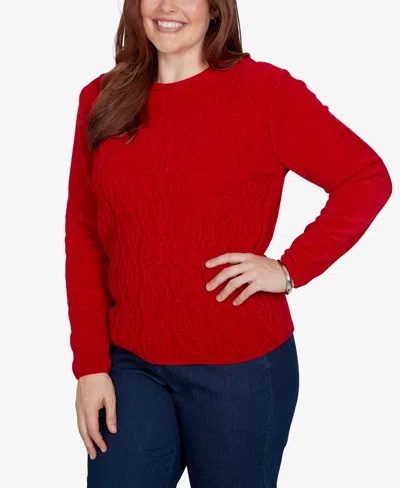 Alfred Dunner Plus Size Classic Cable Pullover Chenille Sweater In Red