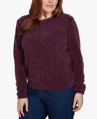Alfred Dunner Plus Size Classic Cable Pullover Chenille Sweater In Burgundy