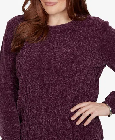 Alfred Dunner Plus Size Classic Cable Pullover Chenille Sweater In Burgundy
