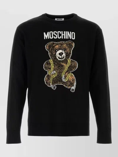 Moschino Virgin Wool Ribbed Crewneck Long-sleeve T-shirt In Black