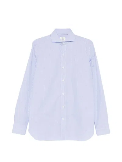 Borrelli Tailored White Cotton Shirt With Classic Collar And Structured Cuffs In Blue