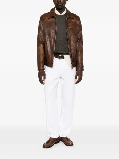Dondup Lapel-collar Zip-up Leather Jacket In Brown