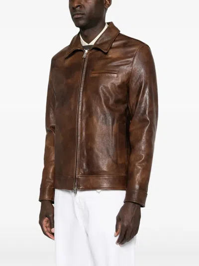 Dondup Lapel-collar Zip-up Leather Jacket In Brown