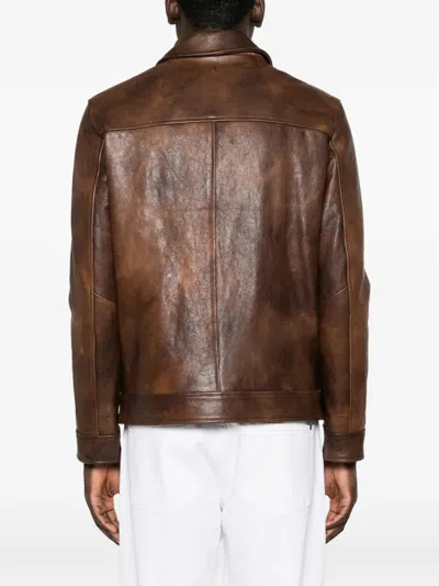 Dondup Lapel-collar Zip-up Leather Jacket In Brown