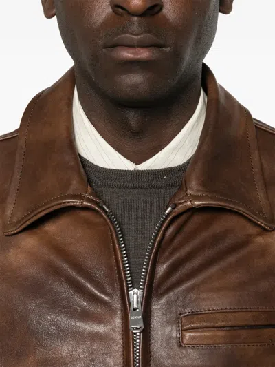 Dondup Lapel-collar Zip-up Leather Jacket In Brown