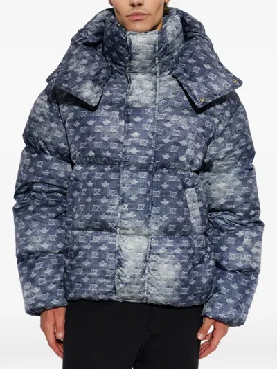 Dsquared2 Patterned Hooded Polyester Down Jacket In Blue