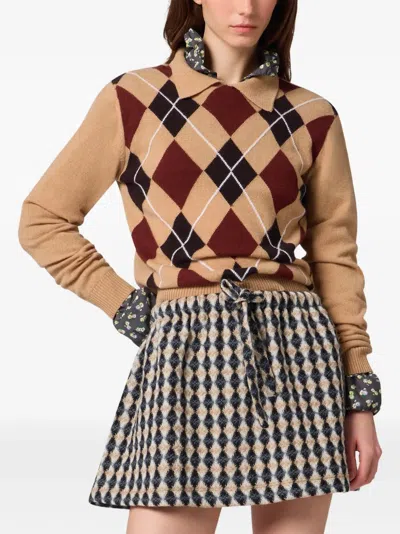 Msgm Argyle-pattern Polo-collar Sweater In Brown