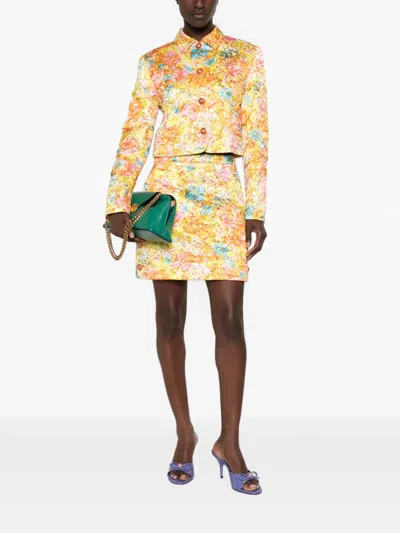 Versace Multicolor Printed Silk Duchesse Miniskirt In Yellow