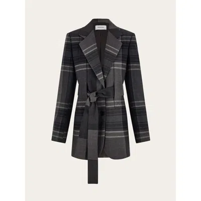 Ferragamo Grey Wool Silk Belted Jacket In Gray