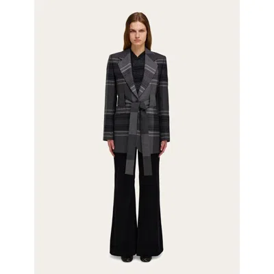 Ferragamo Grey Wool Silk Belted Jacket In Gray