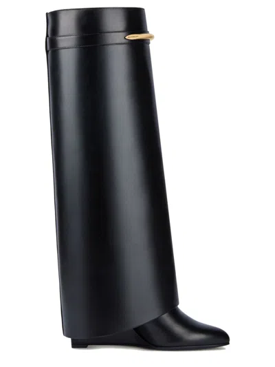Givenchy Women Black Sandals With Logo Plaque On The Front And High Wedge Heel In Leather Woman In Animal Print