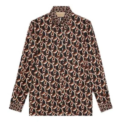 Gucci Interlocking G Chain-print Silk Shirt In Brown