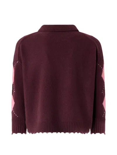 Pinko Argyle-pattern Distressed Sweater In Burgundy