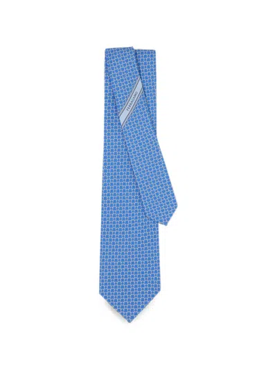 Ferragamo Link Print Silk Tie In Blue