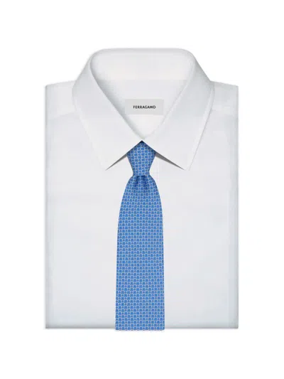 Ferragamo Link Print Silk Tie In Blue