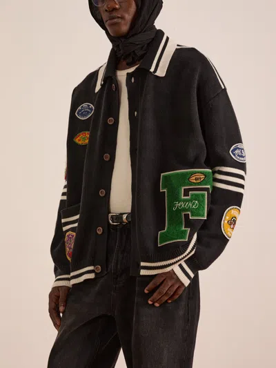 Found Varsity Patch Collared Cardigan In Blue