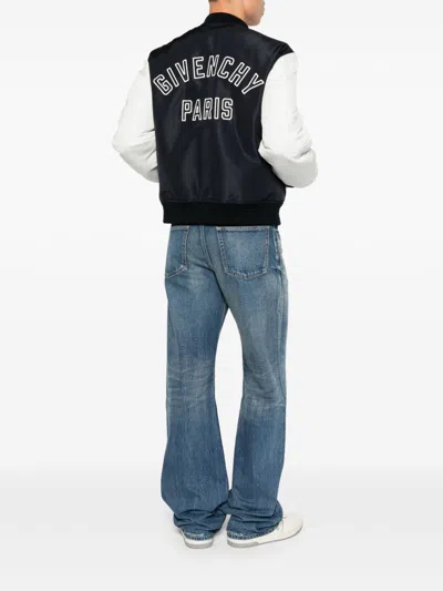 Givenchy -style Bomber Jacket With Elastic Knit Collar In Blue