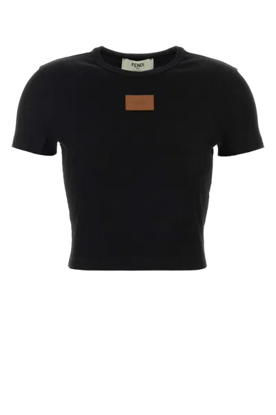 Fendi Cotton Crewneck Logo Top With Ribbed Knit And Leather Patch In Black