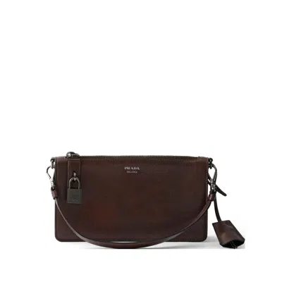Prada Mini Rectangular Leather Pouch Handbag With Detachable Shoulder Strap In Brown