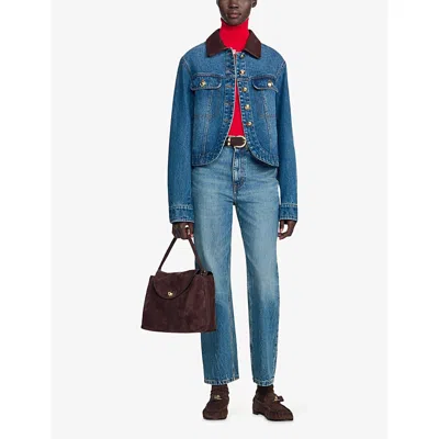 Sandro Leather-collar Button-up Denim Jacket In Blue Jean