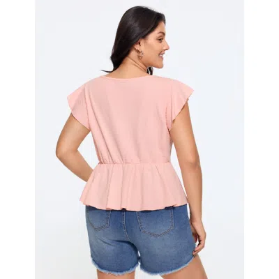Bloomchic Texture Flutter Sleeve Drawstring Peplum Blouse In Pink