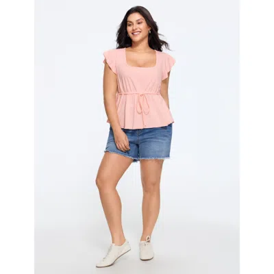 Bloomchic Texture Flutter Sleeve Drawstring Peplum Blouse In Pink