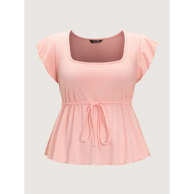 Bloomchic Texture Flutter Sleeve Drawstring Peplum Blouse In Pink