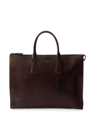 Prada Leather Tote Bag In Brown