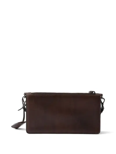 Prada Mini Rectangular Leather Pouch Handbag With Detachable Shoulder Strap In Brown