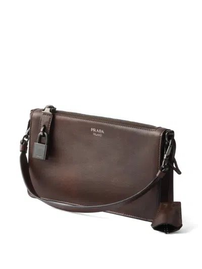 Prada Mini Rectangular Leather Pouch Handbag With Detachable Shoulder Strap In Brown