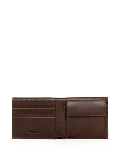 Prada Antiqued Leather Wallet In Brown
