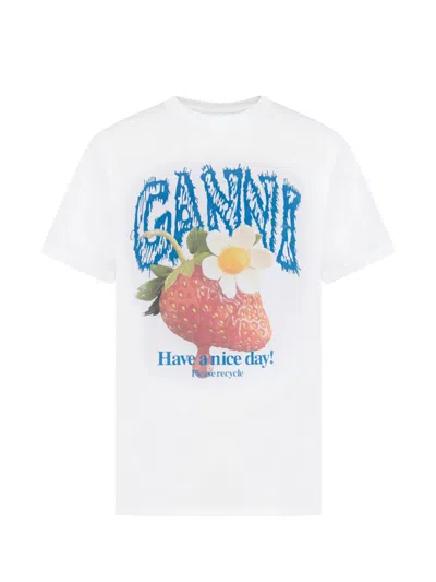 Ganni Womens Bright White Jersey Strawberry Printed Round-neck Cotton-jersey T-shirt In White