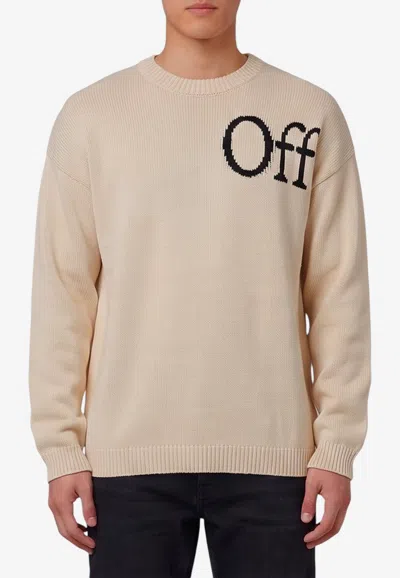 Off-white Bookish Shared Knit Crewneck Sweater With Jacquard Logo In Cream