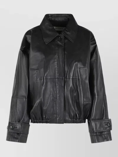 Rohe Leather Jacket Collared Neck Elasticated Hem In Black