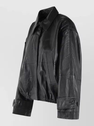 Rohe Leather Jacket Collared Neck Elasticated Hem In Black