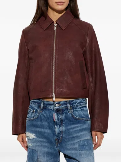 Samsoe & Samsoe Collared Long-sleeved Leather Jacket In Burgundy