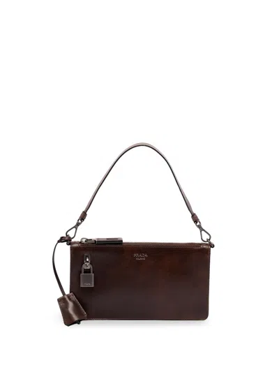 Prada Mini Rectangular Leather Pouch Handbag With Detachable Shoulder Strap In Brown