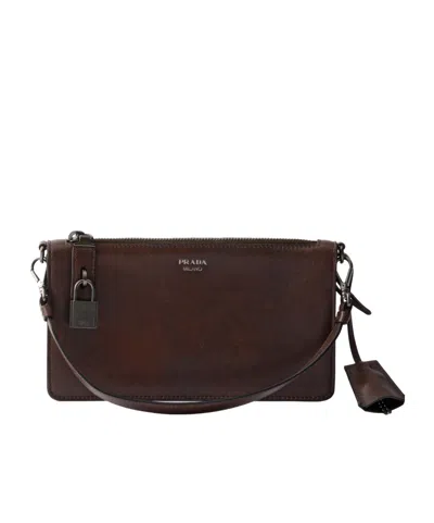 Prada Mini Rectangular Leather Pouch Handbag With Detachable Shoulder Strap In Brown