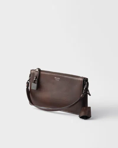 Prada Mini Rectangular Leather Pouch Handbag With Detachable Shoulder Strap In Brown