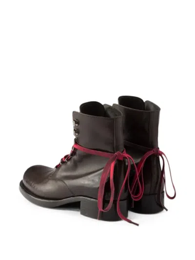 Prada Leather Laced Booties In Brown