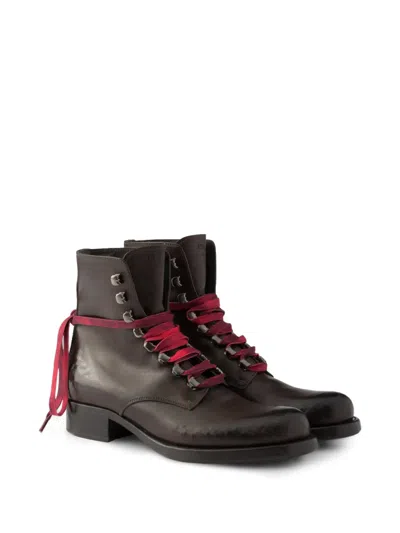 Prada Leather Laced Booties In Brown