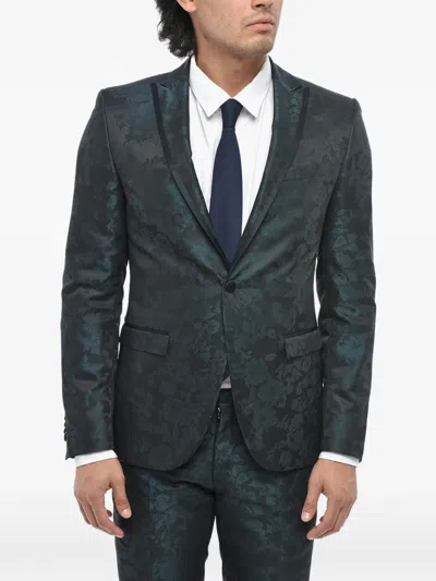 Corneliani Damask-pattern Satin-trim Suit In Blue