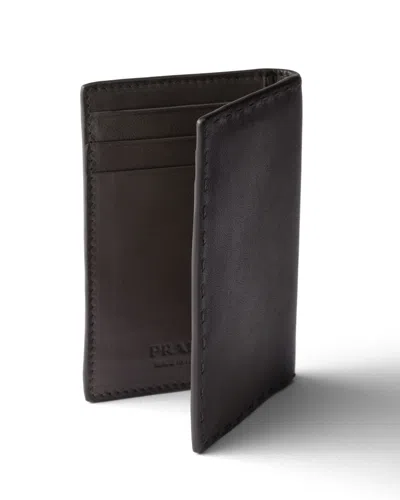 Prada Antiqued Leather Card Holder In Graphite